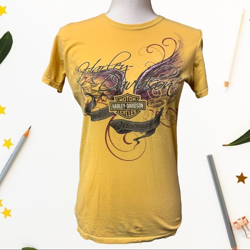 🌈Harley Davidson motorcycles yellow purple short sleeve tee shirt women’s small